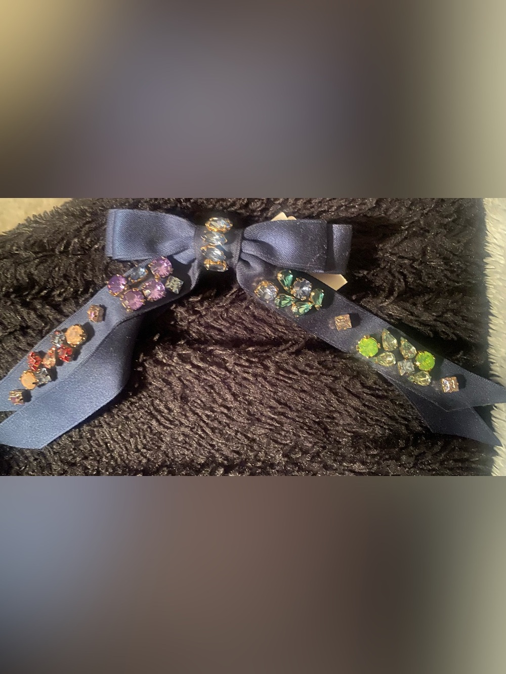 J. Crew Navy Satin Bow Clip with Multicolored Crystal Accents